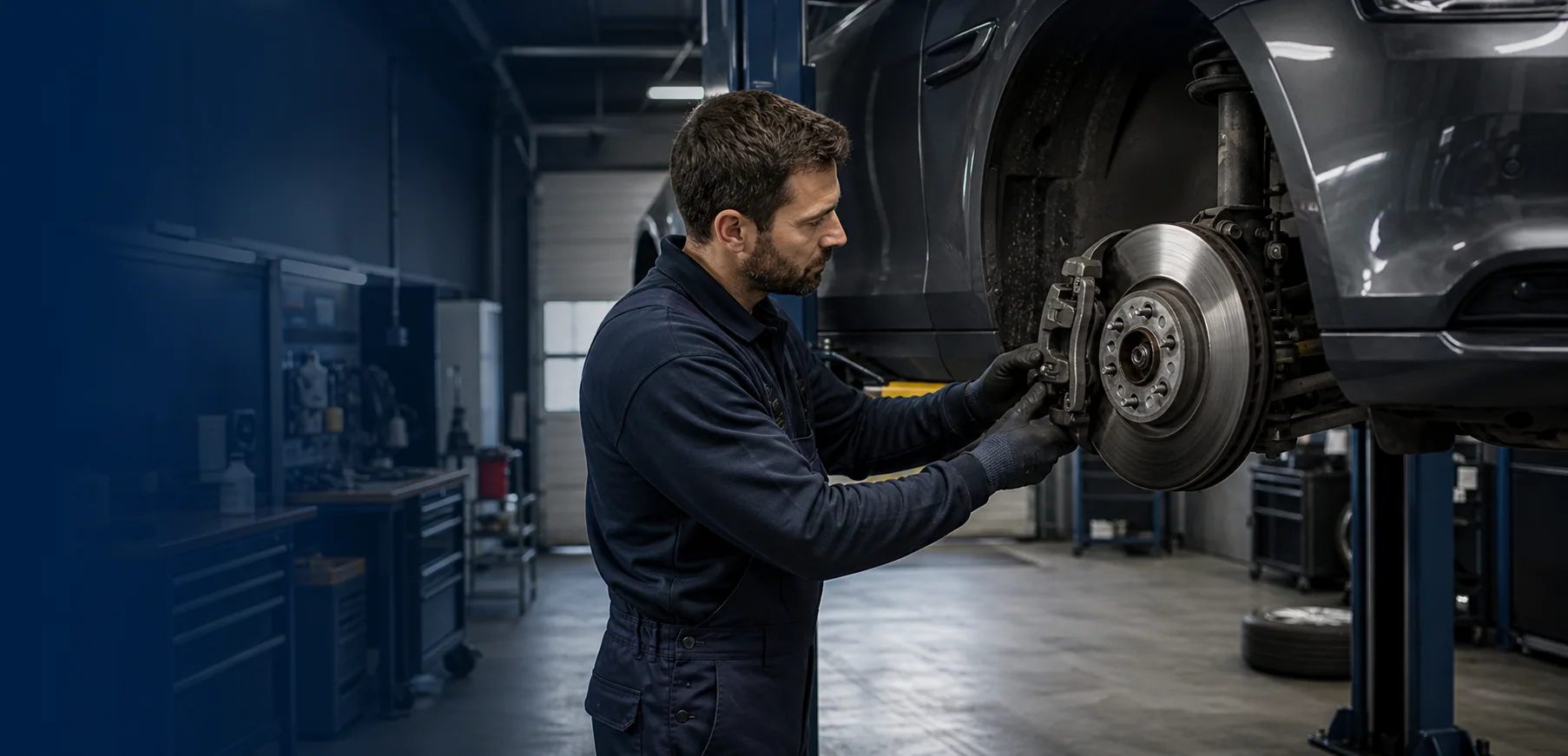 Mechaniker prüft Bremsscheibe und Bremssattel in einer Kfz-Werkstatt