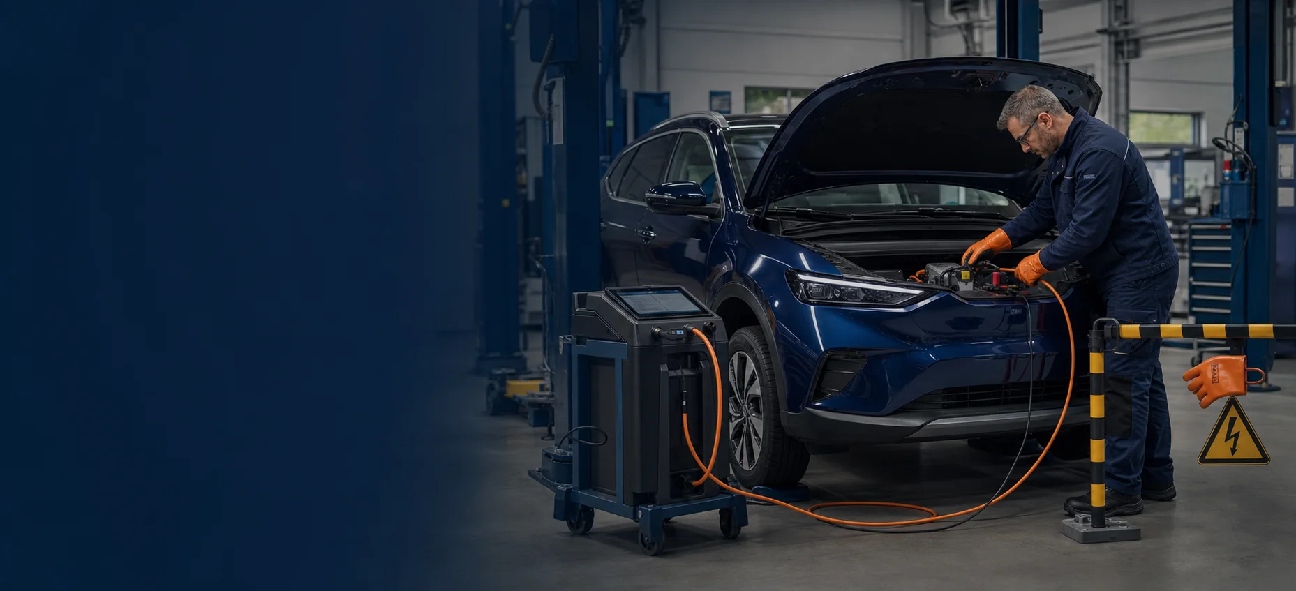 Fachkraft wartet ein Elektroauto in einer Kfz-Werkstatt