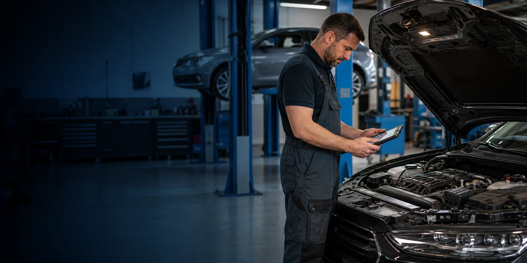 Techniker führt Inspektion und Wartung an einem Fahrzeug durch
