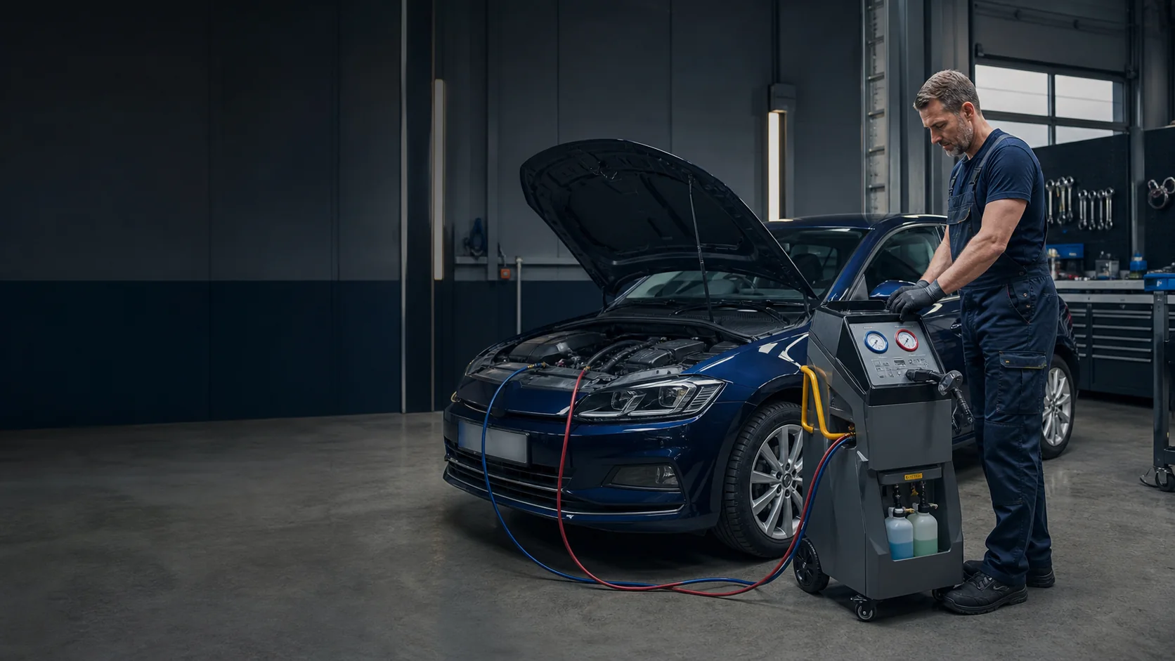 Kfz-Mechatroniker prüft die Klimaanlage eines Autos mit einem Klimaservicegerät