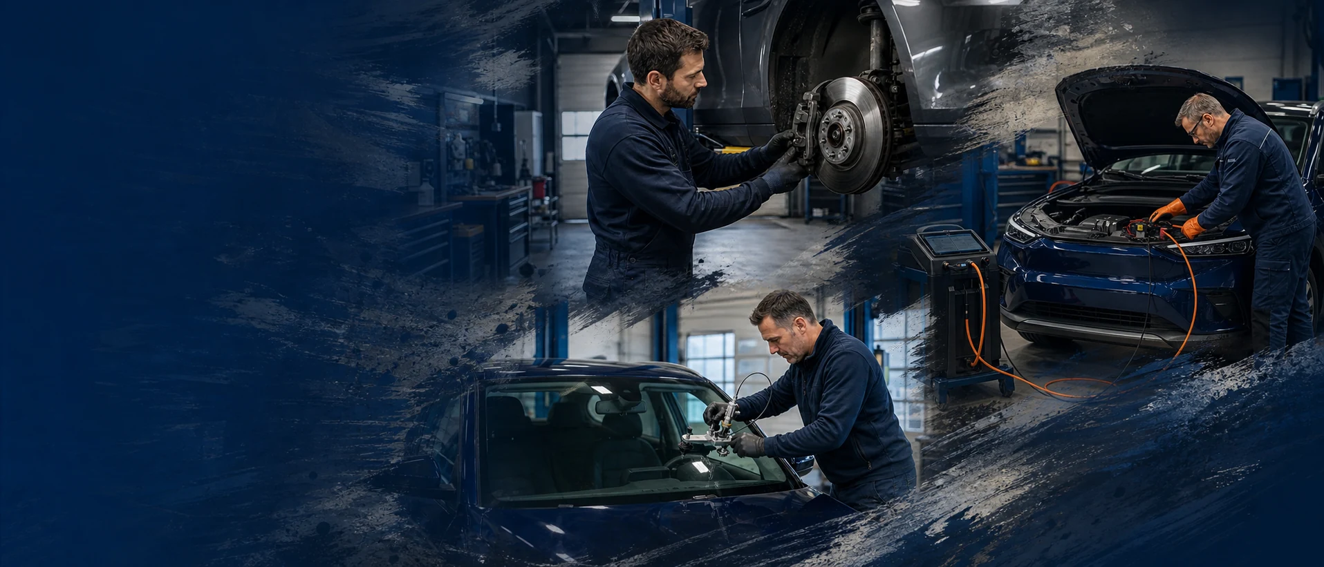 Werkstatt-Collage mit Bremsenservice, Diagnose, Autoglas und E-Auto-Service