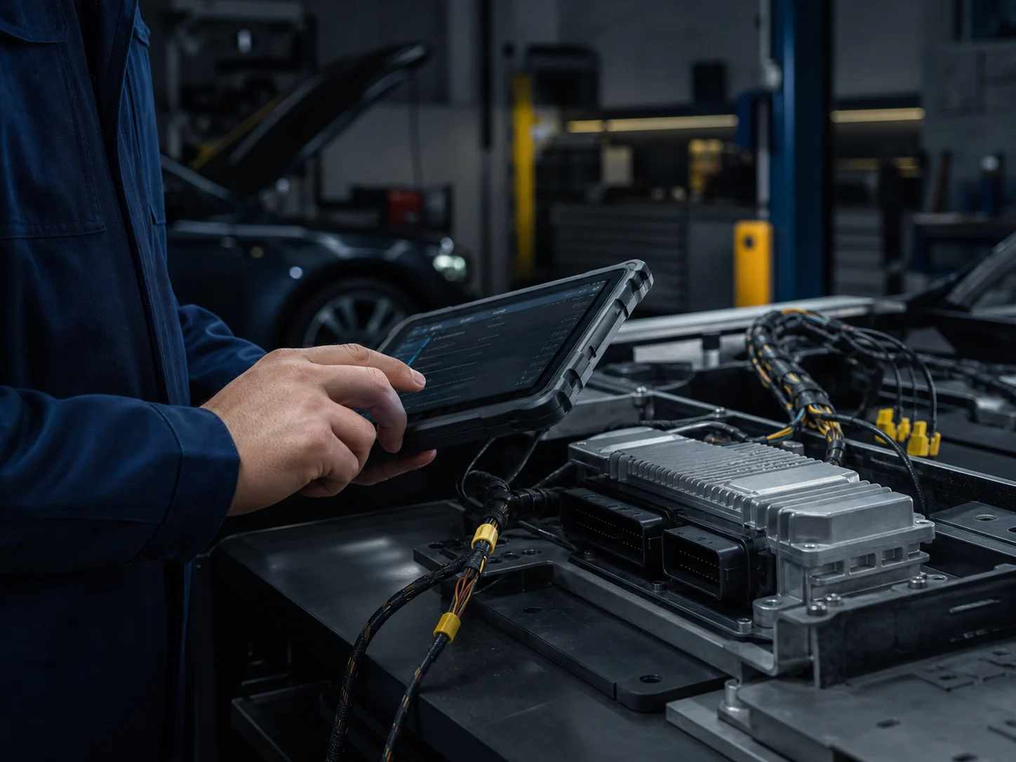 Techniker bei der Diagnose eines Fahrzeug-Steuergeräts